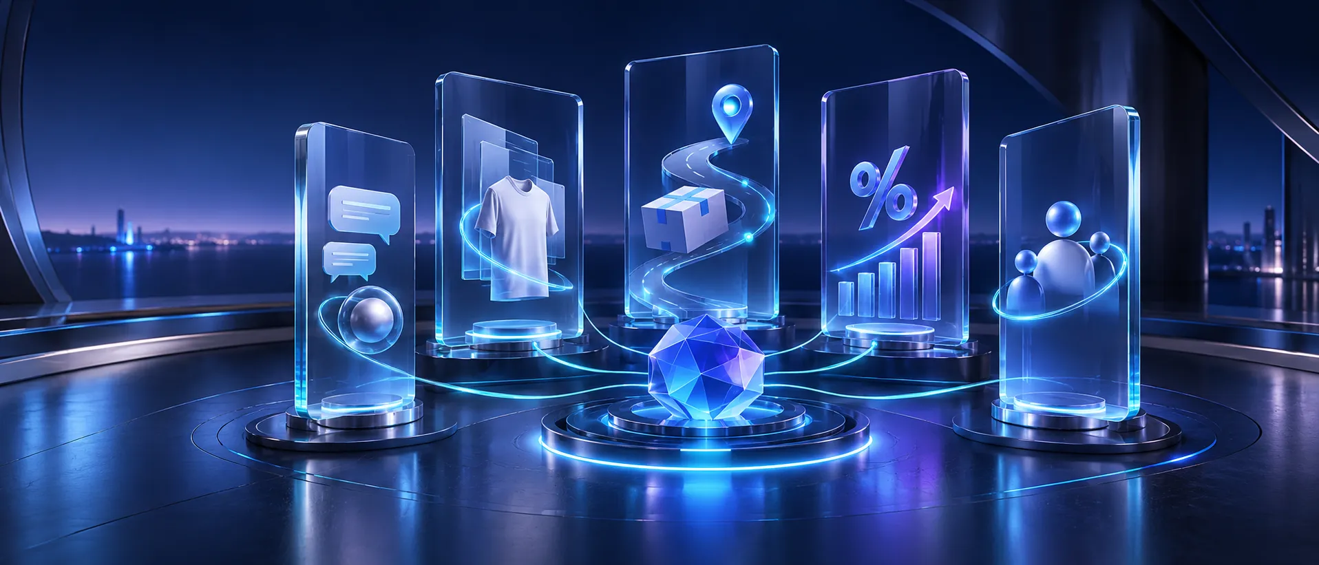 A futuristic GreatsHub commerce engine connecting five important Shopify store moments