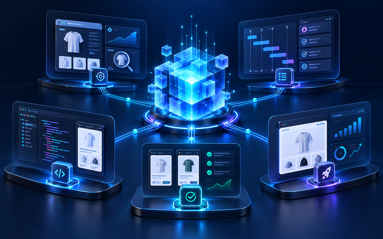 Connected Shopify engineering studio showing storefront design, development, testing and growth systems