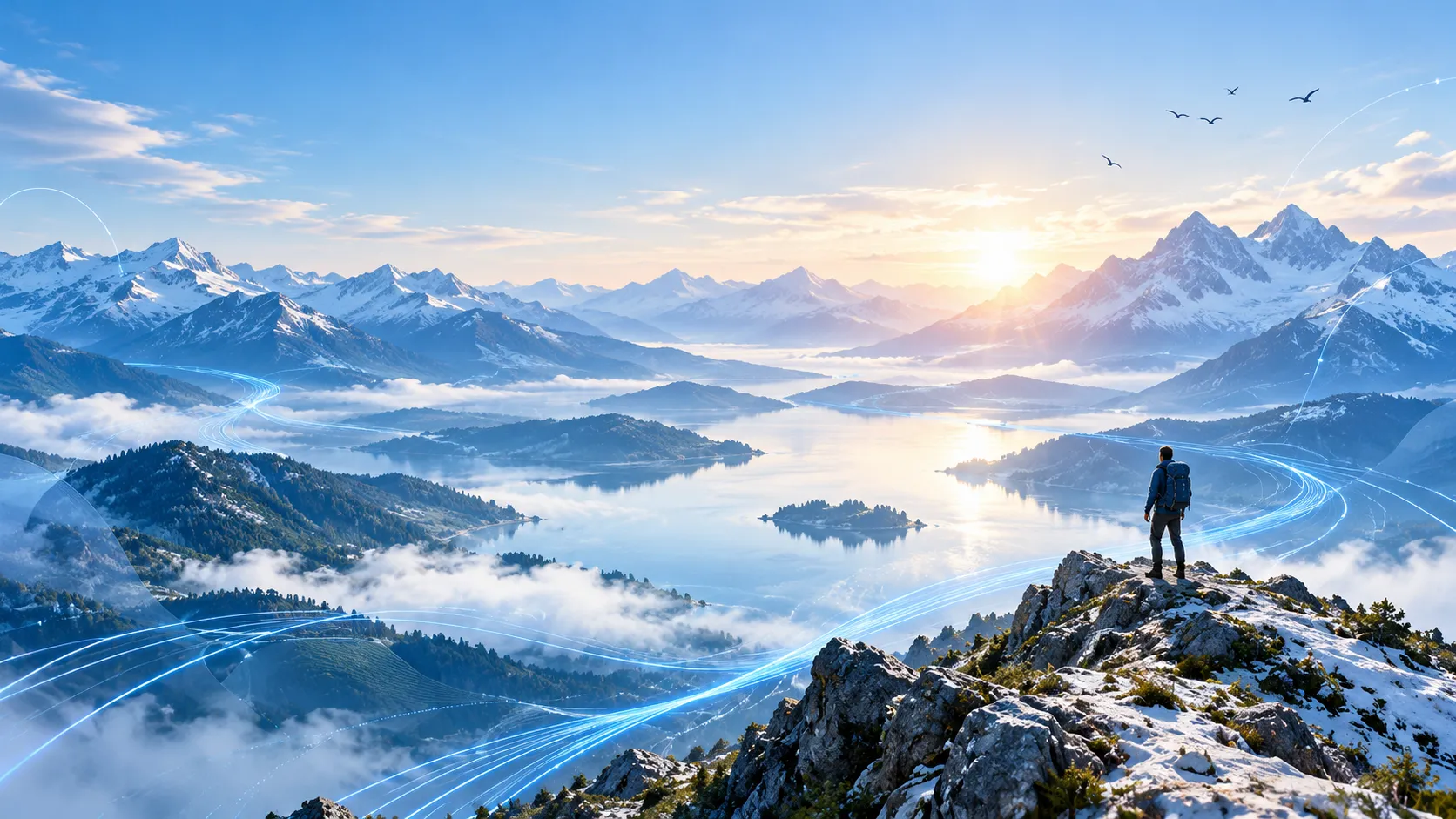 Explorer overlooking connected mountain paths toward a bright horizon