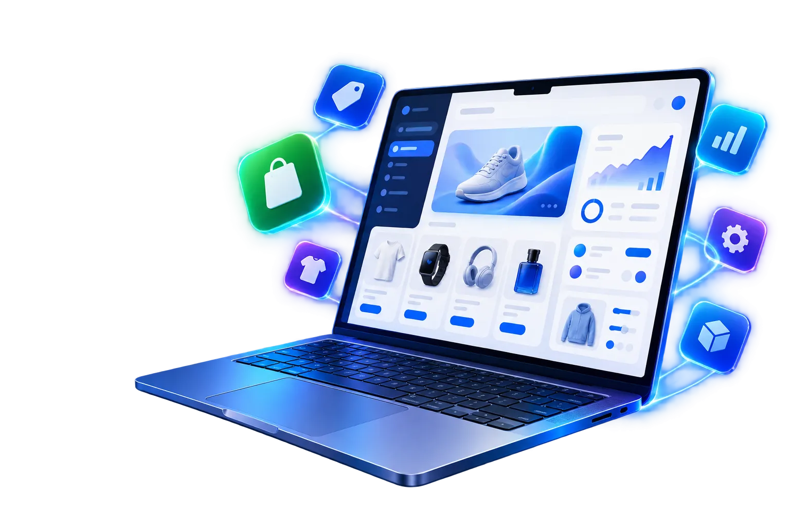 Storefront apps, product management and analytics shown on a laptop