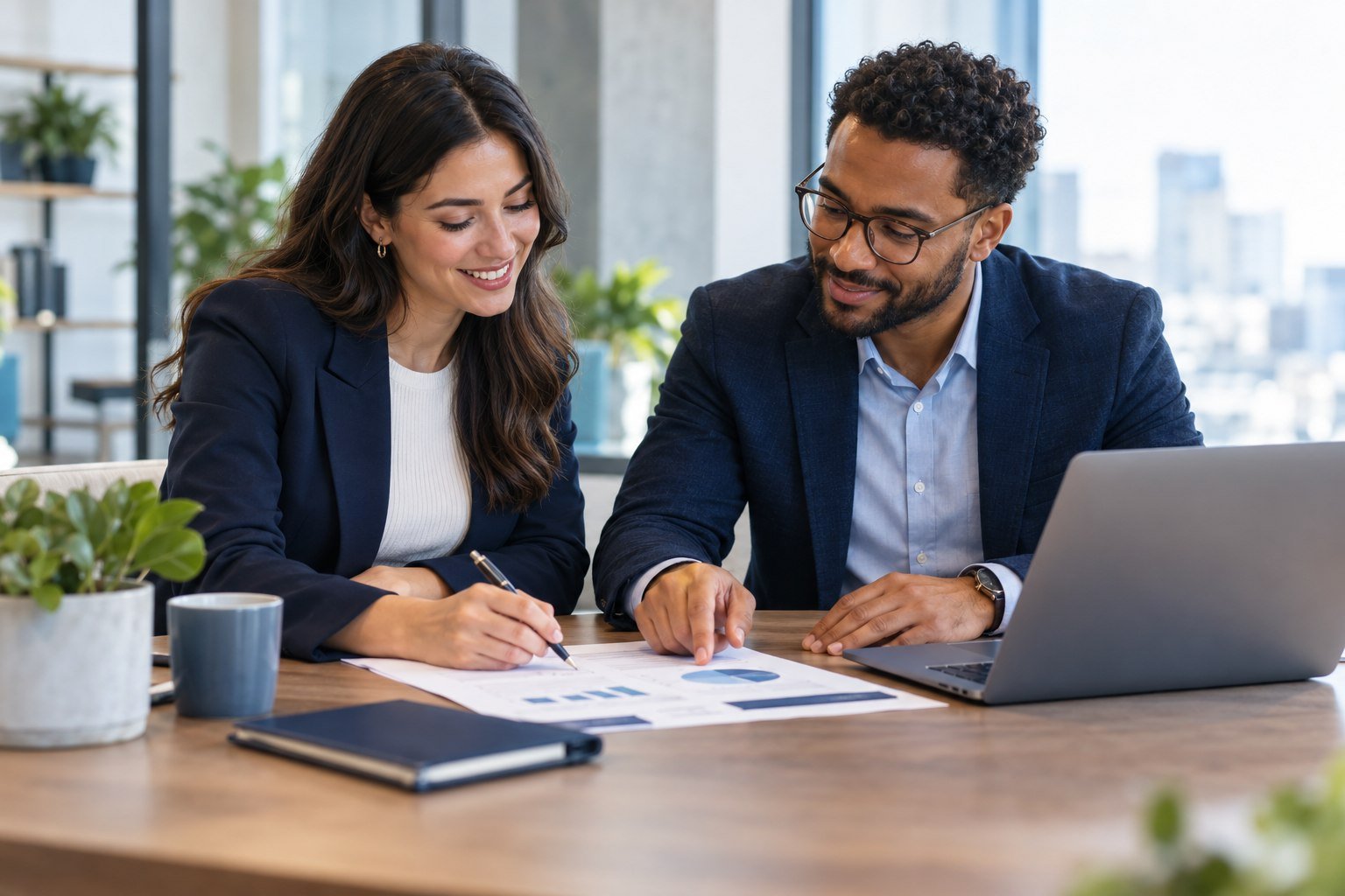 Two commerce professionals planning a partnership together