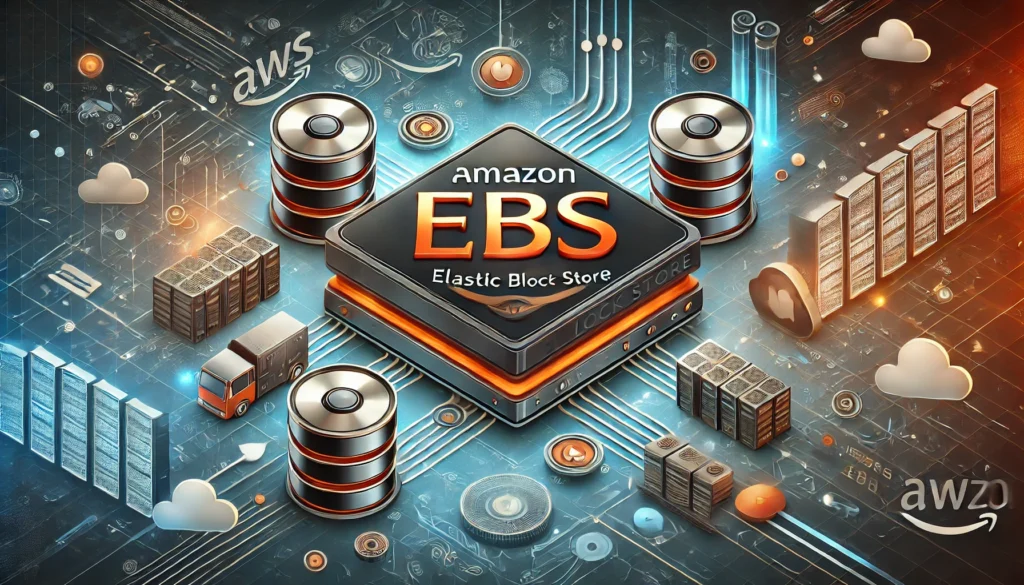 AWS Amazon EBS banner image, featuring a modern and professional design with storage disks, data transfer symbols, and cloud computing elements.