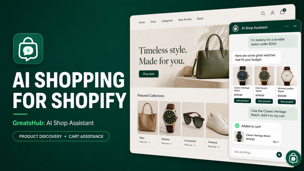 GreatsHub AI Shop Assistant recommending watches and confirming a cart action on a Shopify storefront.