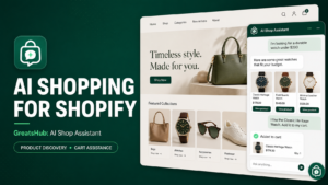 GreatsHub AI Shop Assistant recommending watches and confirming a cart action on a Shopify storefront.