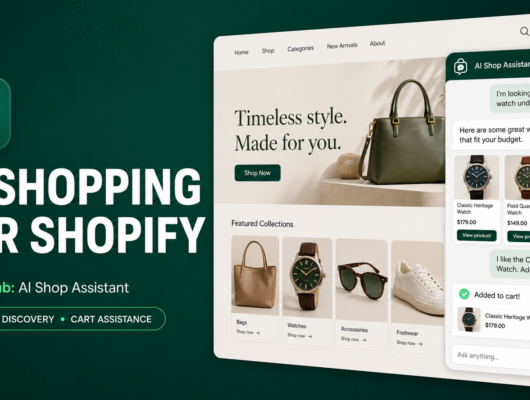 GreatsHub AI Shop Assistant recommending watches and confirming a cart action on a Shopify storefront.