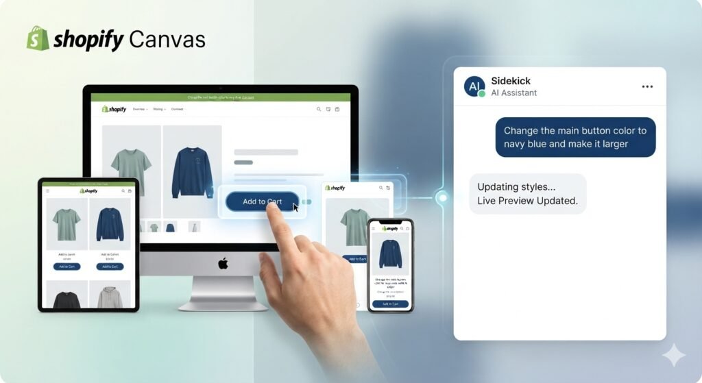 This custom graphic visualizes the user interface of Shopify Canvas, showcasing the multi-device live preview rendering changes directly from the Sidekick AI chat window.