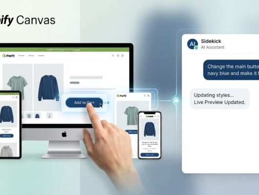 This custom graphic visualizes the user interface of Shopify Canvas, showcasing the multi-device live preview rendering changes directly from the Sidekick AI chat window.