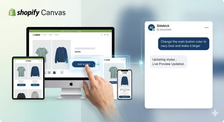 This custom graphic visualizes the user interface of Shopify Canvas, showcasing the multi-device live preview rendering changes directly from the Sidekick AI chat window.