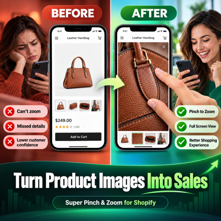 Before-and-after comparison showing Super Pinch & Zoom for Shopify enlarging a handbag photo to reveal leather texture and stitching.